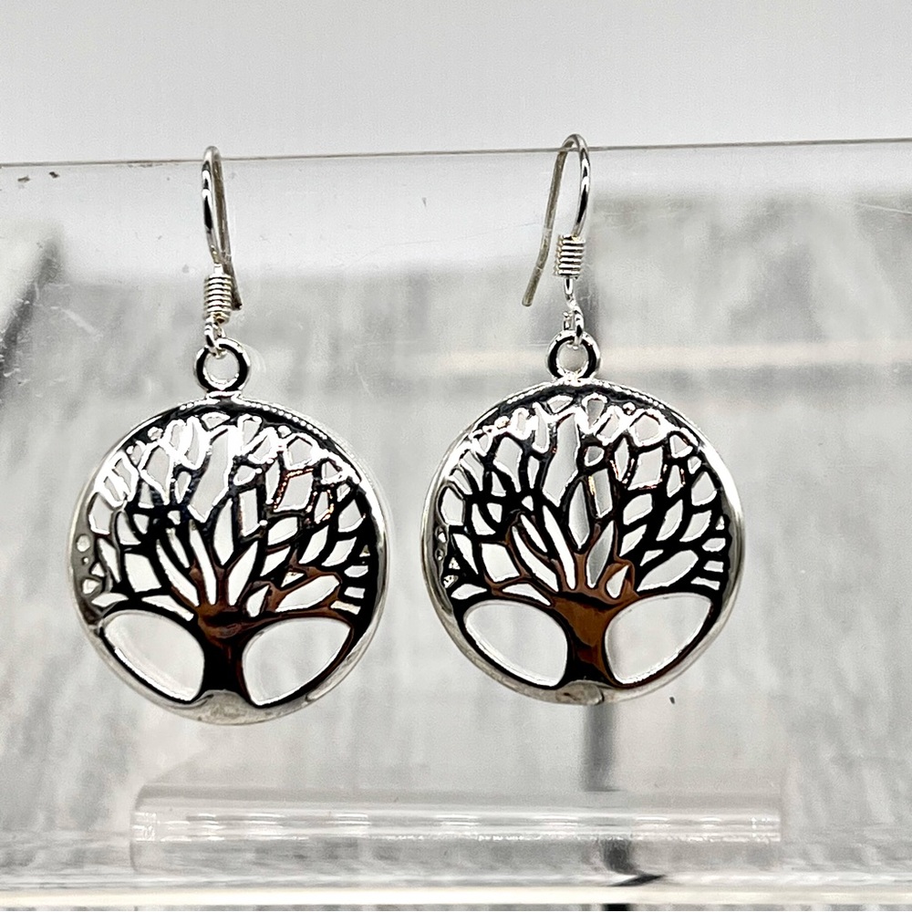 308. Beautiful Silver Tone Tree of Life Dangle Hook Earrings